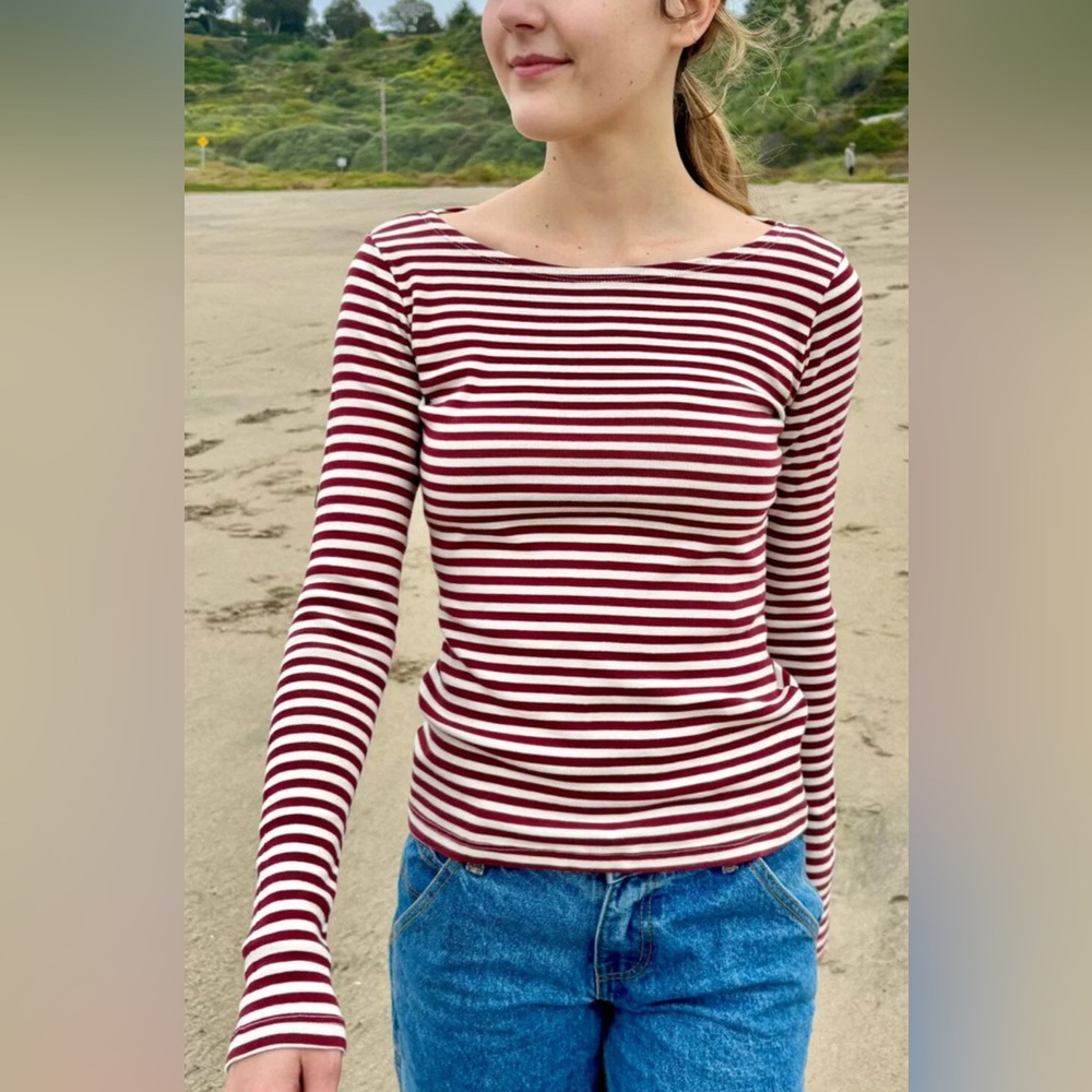 Brandy Melville Catalina Striped Maroon and White Women's Top